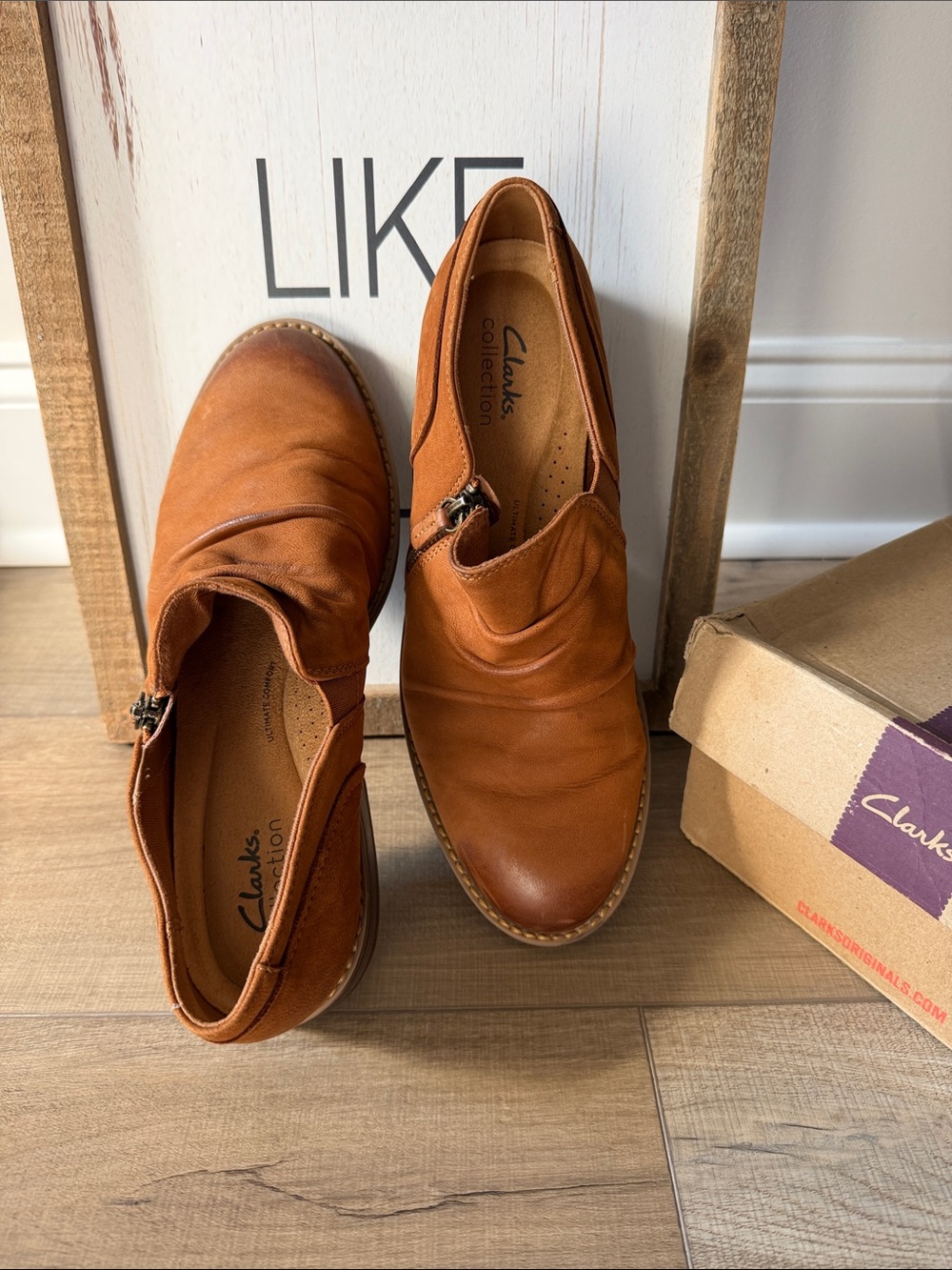Clarks Women's Slip-On Leather Loafers in Cognac Brown